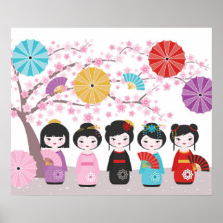 Poster Bonecas Kokeshi Japonesas