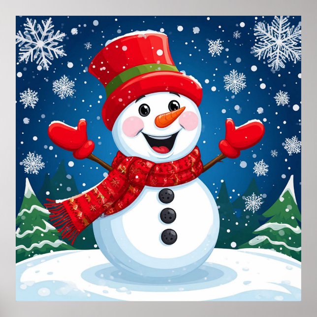 Poster Boneco de Neve Alegre com Cachecol e Chapéu Vermel (Frente)