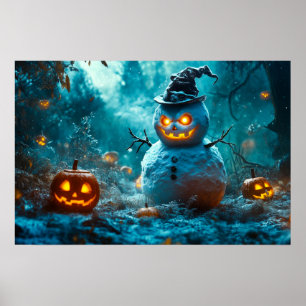 Poster Boneco de Neve Assustador de Halloween na Floresta