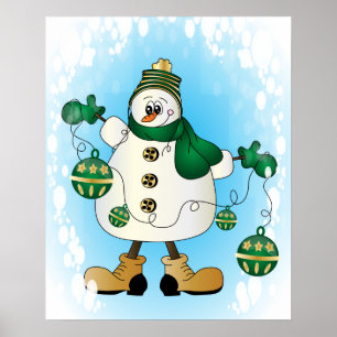 Poster Boneco de neve com enfeites de natal verdes