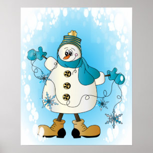 Poster Boneco de neve com os flocos de neve azuis do