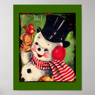 Poster Boneco de neve do vintage com pássaro vermelho