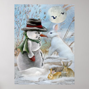 Pôster boneco de neve e coelho que comem a cenoura