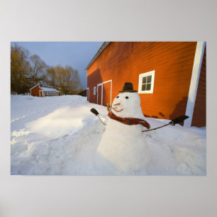 Pôster Boneco de neve na frente do celeiro vermelho em