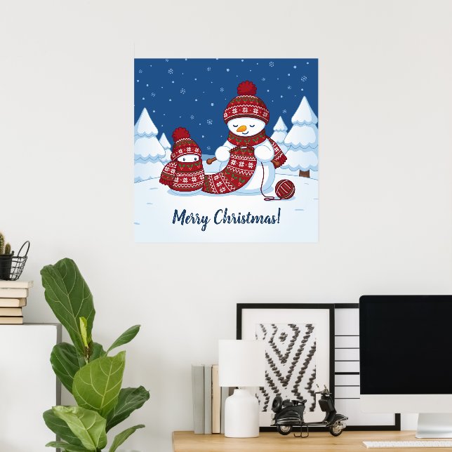 Pôster Boneco de Neve Tricotando Cachecol de Natal (Escritório em casa)