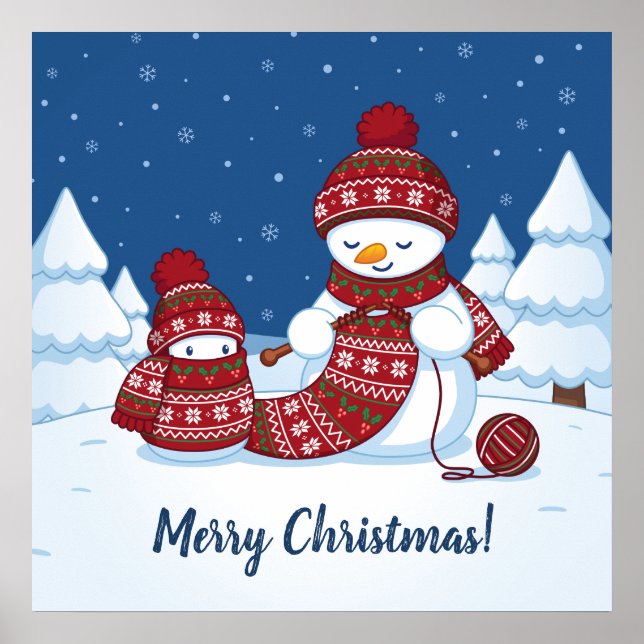 Pôster Boneco de Neve Tricotando Cachecol de Natal (Frente)
