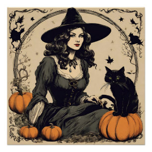 Pôster Bonita Bruxa de Halloween Vintage com Gato Negro