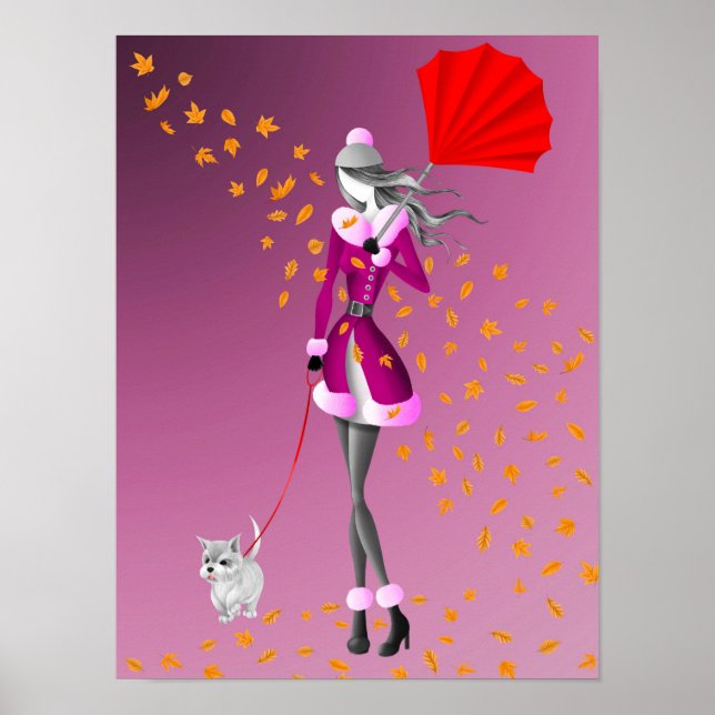 Poster Bonita Dama e Cachorro de inverno andando no outon (Frente)