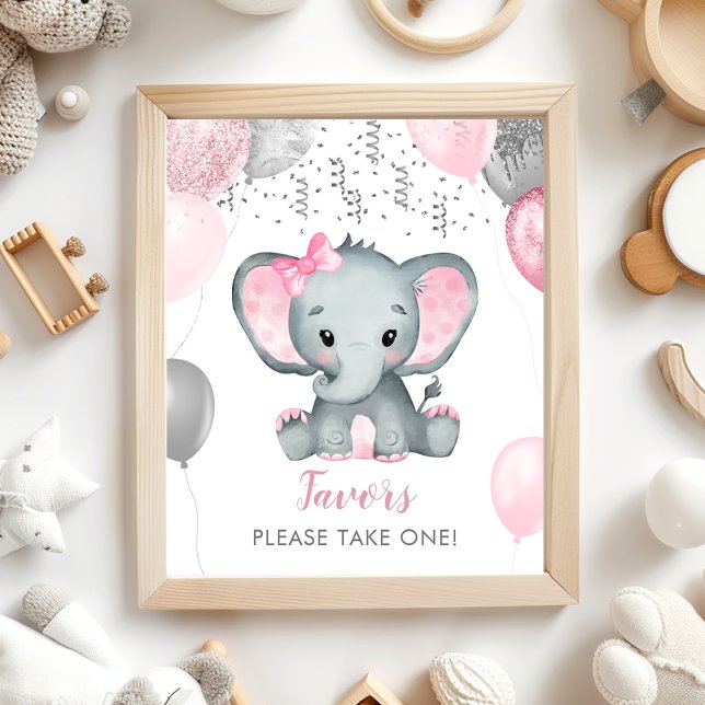 Poster Bonita Elefante Balões de Chá de fraldas Favoritos (Cute Girl Elephant Balloons Baby Shower Favors Poster)