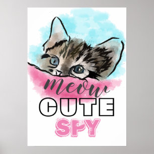Poster "BONITA ESPIÃO" Gatinho Engraçado, Rosa Azul