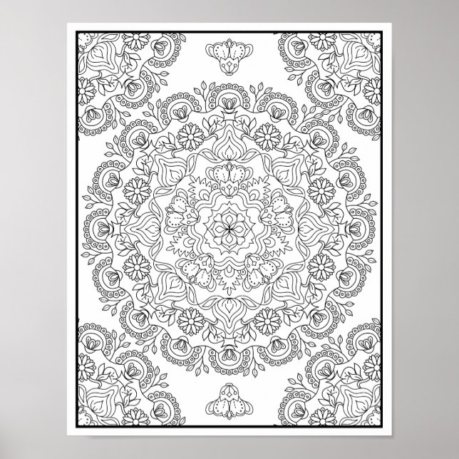 Poster Bonita Flor Mandala Design Para Coloração (Frente)