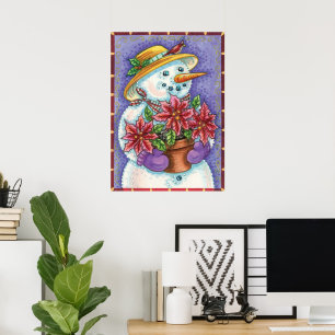 Poster Bonita Garota de Natal Snowman com Poinsettia