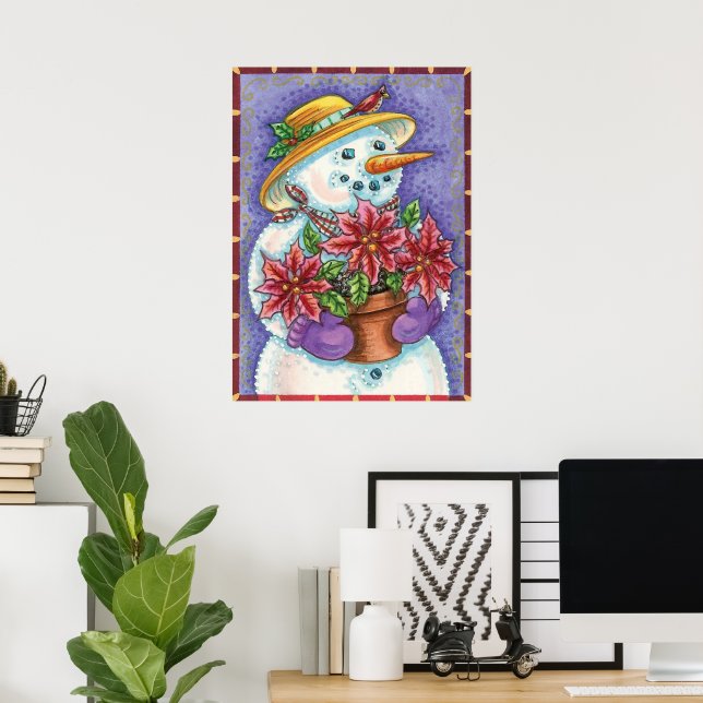 Poster Bonita Garota de Natal Snowman com Poinsettia (Escritório em casa)