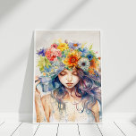 Poster Bonita pintura de menina com flores na cabeça<br><div class="desc">Belo retrato de garota com flores na Poster</div>