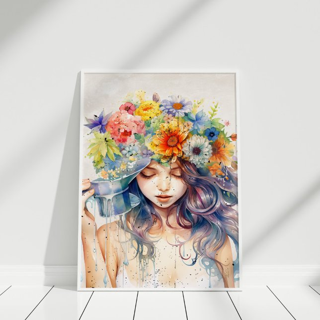 Poster Bonita pintura de menina com flores na cabeça (Beautiful Girl Portrait with Flowers in Her Head Poster in white frame against white wall.)