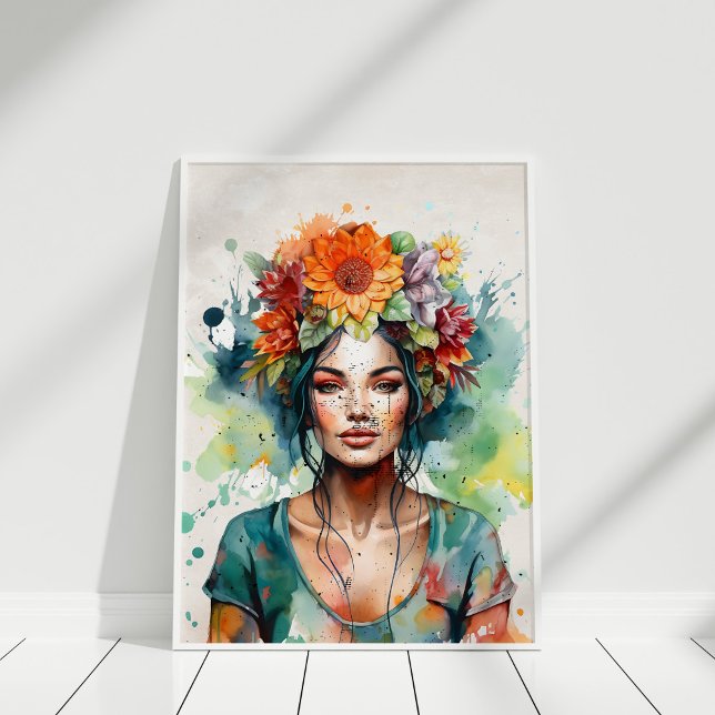 Poster Bonita pintura de menina com flores na cabeça (Beautiful Girl Portrait with Flowers in Her Head Poster in white frame against white wall.)