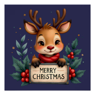 Pôster Bonita Reindeja de Natal com Holly e Sinal
