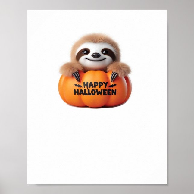 Poster Bonita Sloth sentada numa Pumpkin. Texto Feliz Hal (Frente)