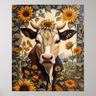 Poster Bonita Vaca do Campo Decoração de Girassol