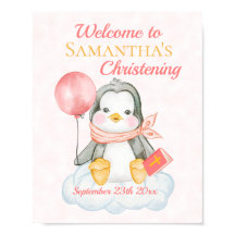 Bonito Batismo Aquarela Bebê Pinguim Rosa Bem-vind