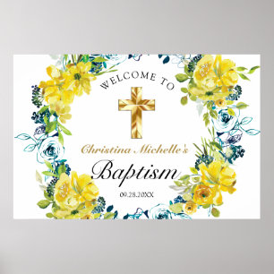 Poster Bonito Batismo Dourado Floral Amarelo
