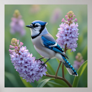 Poster Bonito Blue Jay em pé nas filiais do Lilac