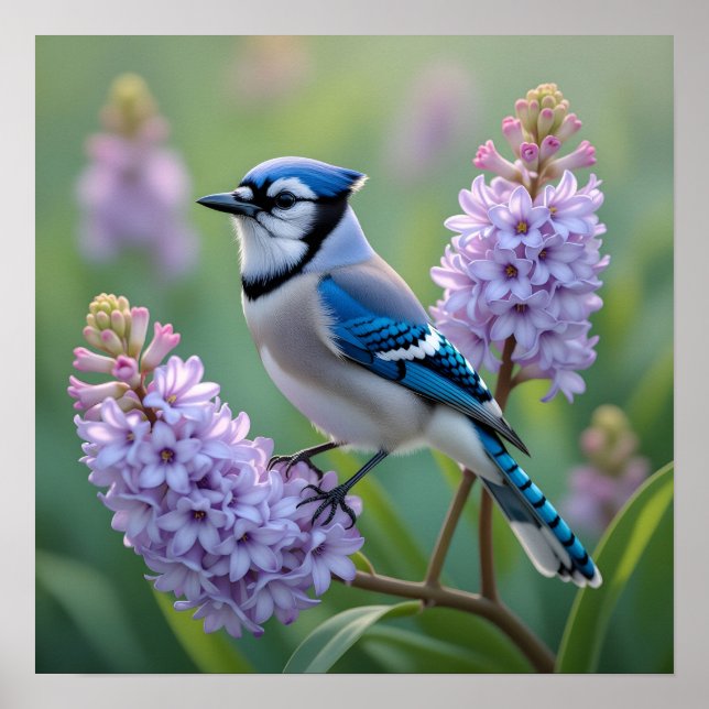 Poster Bonito Blue Jay em pé nas filiais do Lilac (Frente)