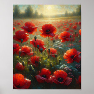 Poster Bonito Campo Vermelho Poppy no Dia de Verão