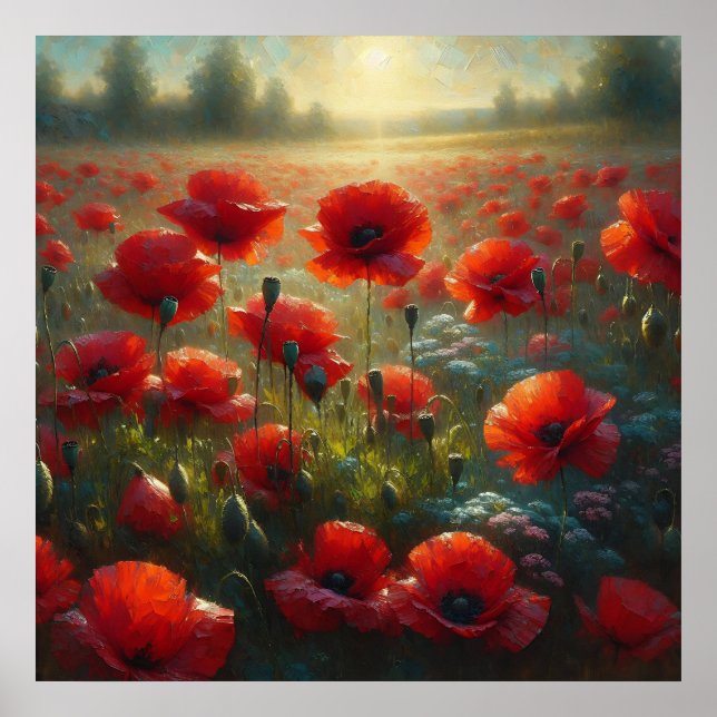 Poster Bonito Campo Vermelho Poppy no Dia de Verão (Frente)