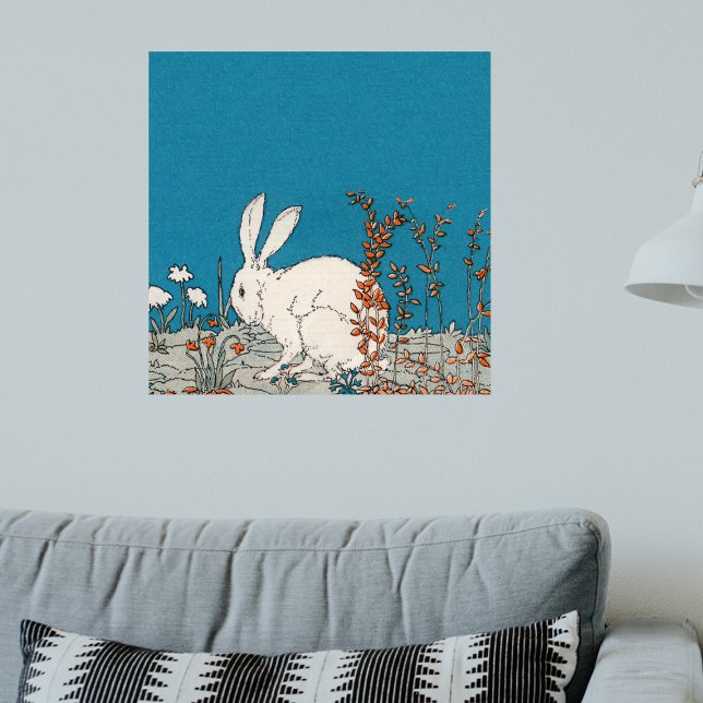 Poster Bonito Coelho Branco sentado em Flores no Azul (Pretty white rabbit sitting among orange and white flowers on blue artwork wall poster.)