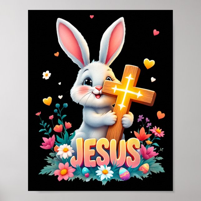 Poster Bonito coelho da Páscoa Jesus Faith Cross Christia (Frente)