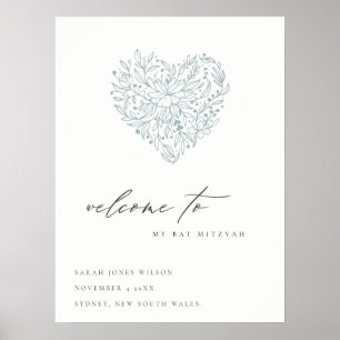 Poster Bonito Coração Floral Azul Escuro Bat Mitzvah Bem-