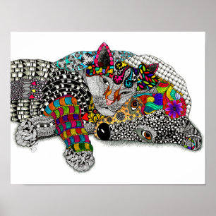 Poster bonito e colorido 14" do cão e gato x11 "