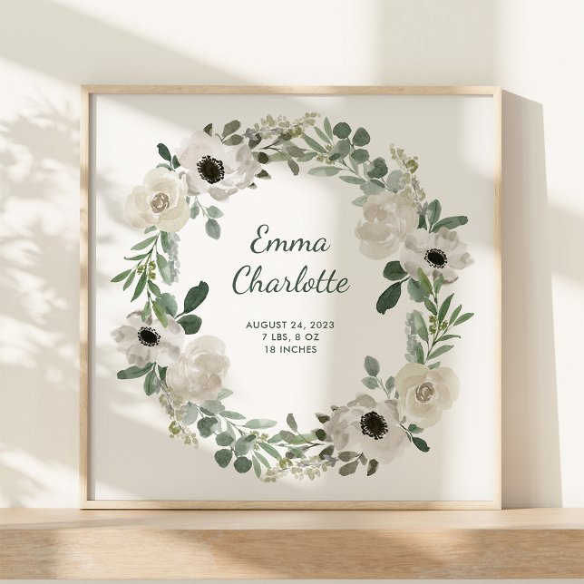Poster Bonito Flores Brancas e Casas de Nascimento Verde (A pretty, white floral watercolor wreath poster with your newborn baby's birth stats)