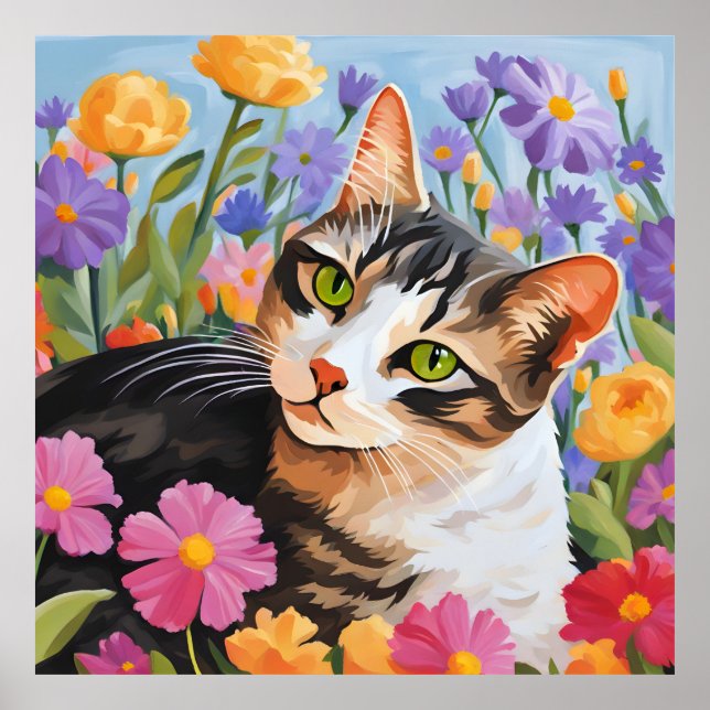Poster Bonito gato com flores (Frente)