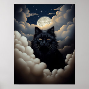 Poster Bonito Gato Negro Sentado Nas Nuvens