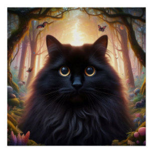 Pôster Bonito gato preto fluffy com olhos Dourados