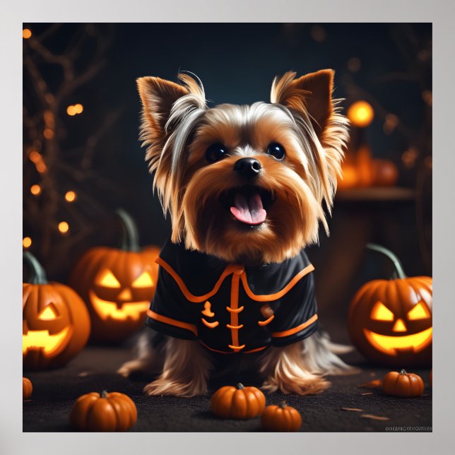 Poster Bonito Halloween Yorkshire Terrier Puppy Dog Pumpk (Frente)