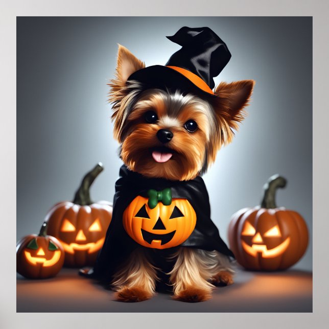 Poster Bonito Halloween Yorkshire Terrier Puppy Witch Hat (Frente)