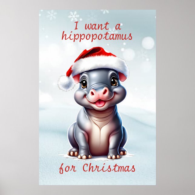 Poster Bonito Hippopotamus Santa Hat Snowy Natal (Frente)