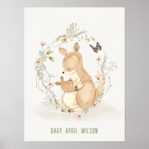 Poster Bonito Joey Mama Kangaroo Watercolor Bebê Floral