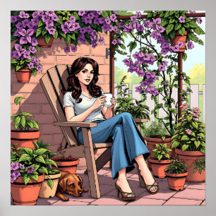Poster Bonito Lady Bebendo Relaxando Lá Fora