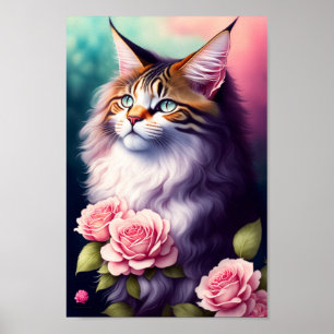 Poster Bonito Maine Coon & Flowers