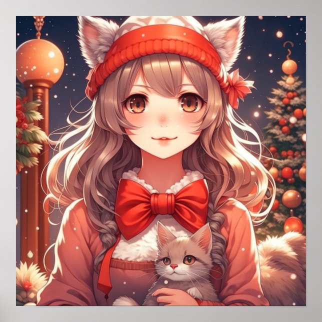 Poster Bonito Menina de Animação segurando Natal de Kitte (Frente)