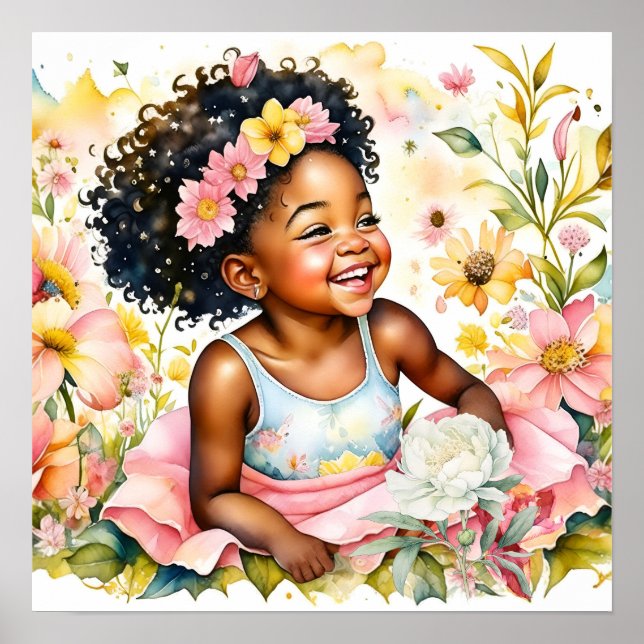 Poster Bonito Menina em Flores Rosa, Aquarela Arte (Frente)