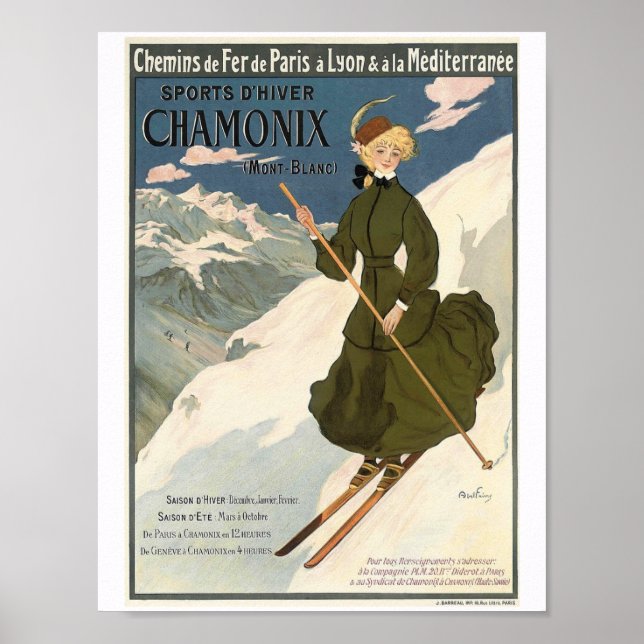 Poster Bonito menina loira esquiando em Chamonix (Frente)