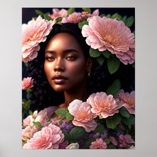 Poster Bonito Mulher Negra Rosa Flores Digitais