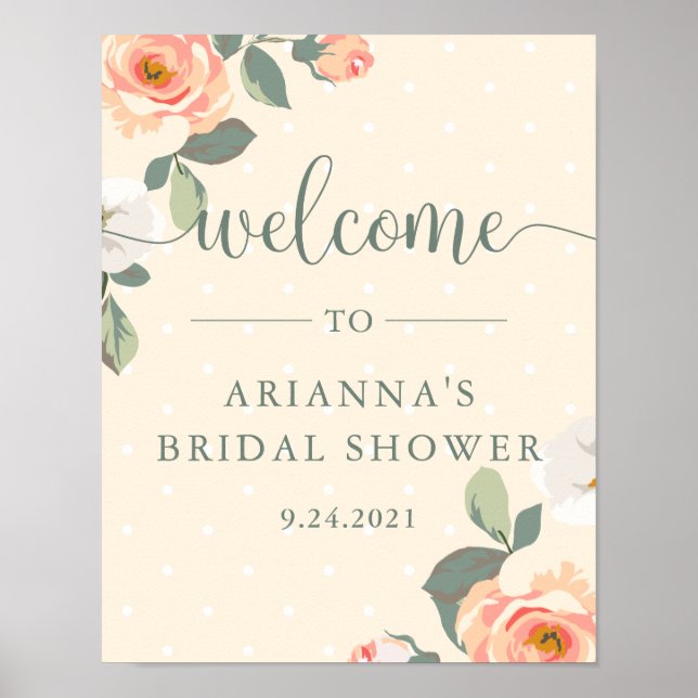 Poster Bonito Peach Floral | Sinal de boas-vindas do Chá  (Frente)