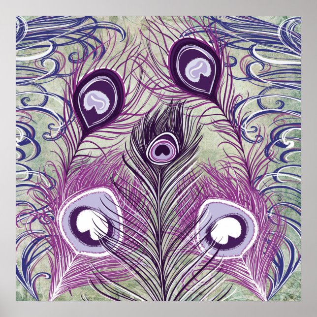 Poster Bonito Penas de Pavão Púrpura Elegante Design (Frente)