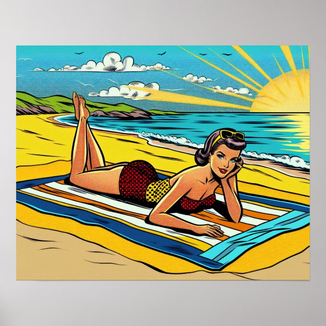 Poster Bonito Pinup Girl na praia (Frente)